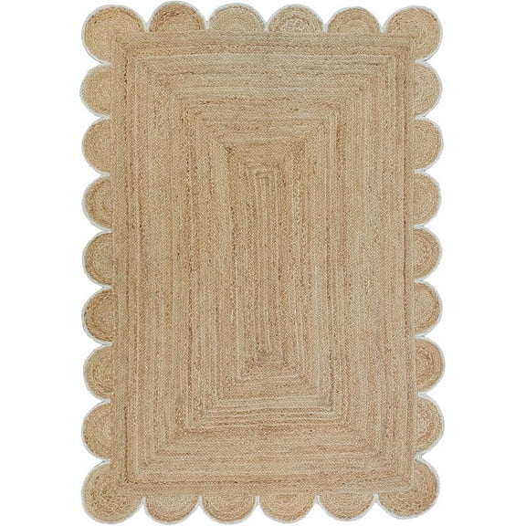 KLAVATE Natural Jute Scalloped Hand Braided Farmhouse Jute Runner Rug
