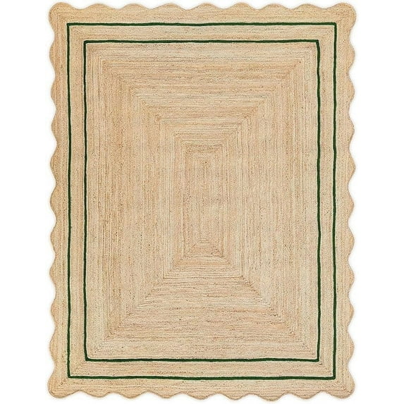 KLAVATE Natural Jute Wave Edge Hand Braided Scalloped Farmhouse Entryway Jute Rug