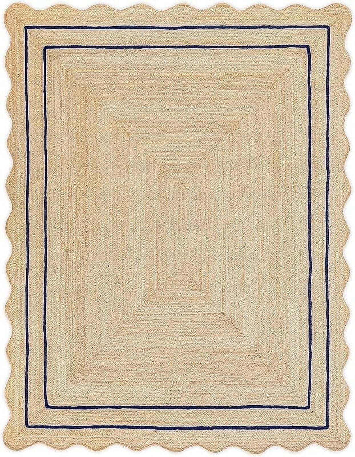 KLAVATE Natural Jute Wave Edge Hand Braided Scalloped Farmhouse Entryway Jute Rug