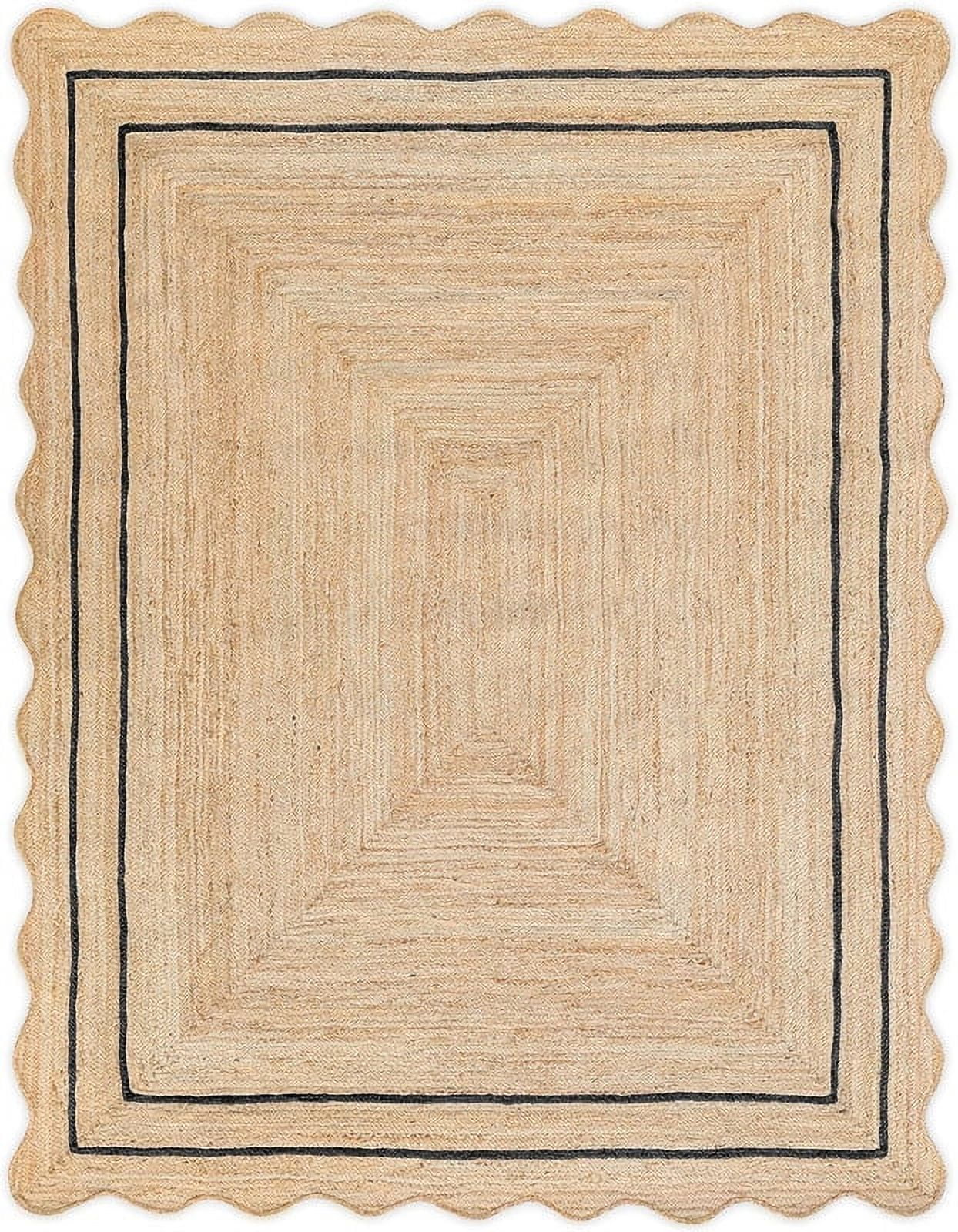 KLAVATE Natural Jute Wave Edge Hand Braided Scalloped Farmhouse Entryway Jute Rug