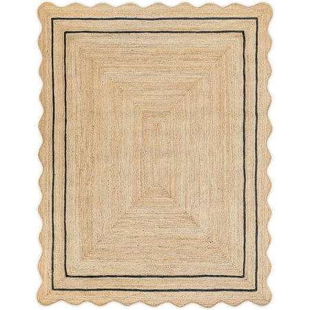 KLAVATE Natural Jute Wave Edge Hand Braided Scalloped Farmhouse Entryway Jute Rug