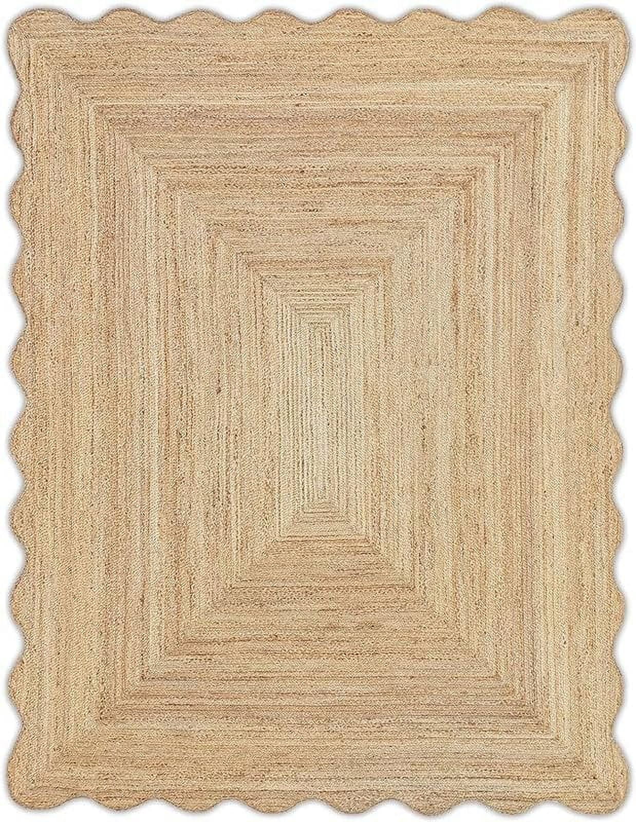 KLAVATE Natural Jute Wave Edge Hand Braided Scalloped Farmhouse Entryway Jute Rug