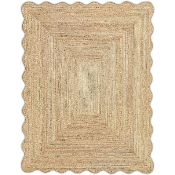 KLAVATE Natural Jute Wave Edge Hand Braided Scalloped Farmhouse Entryway Jute Rug