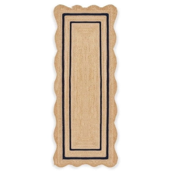 KLAVATE Natural Jute Wave Edge Hand Braided Scalloped Farmhouse Jute Runner Rug