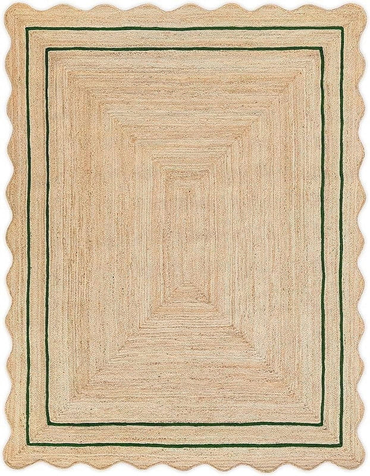 KLAVATE Natural Jute Wave Edge Hand Braided Scalloped Farmhouse Jute Runner Rug
