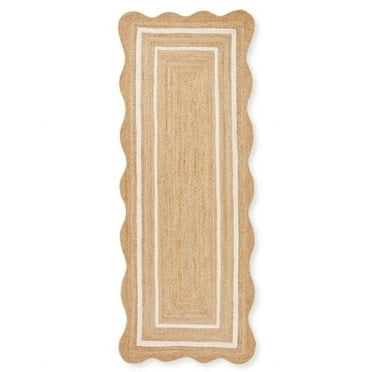 KLAVATE Natural Jute Wave Edge Hand Braided Scalloped Farmhouse Jute Runner Rug