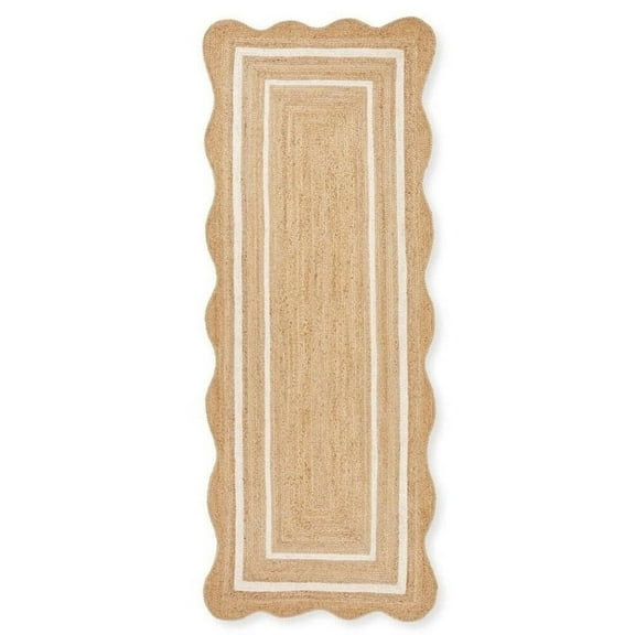 KLAVATE Natural Jute Wave Edge Hand Braided Scalloped Farmhouse Jute Runner Rug