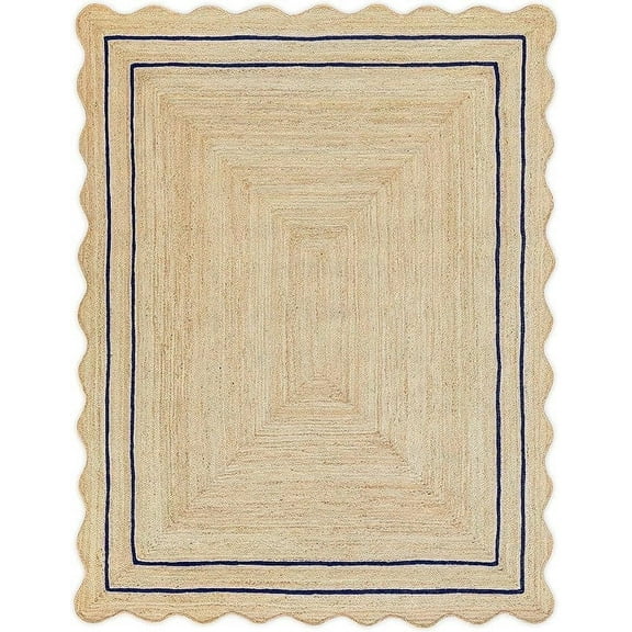KLAVATE Natural Jute Wave Edge Hand Braided Scalloped Farmhouse Jute Runner Rug