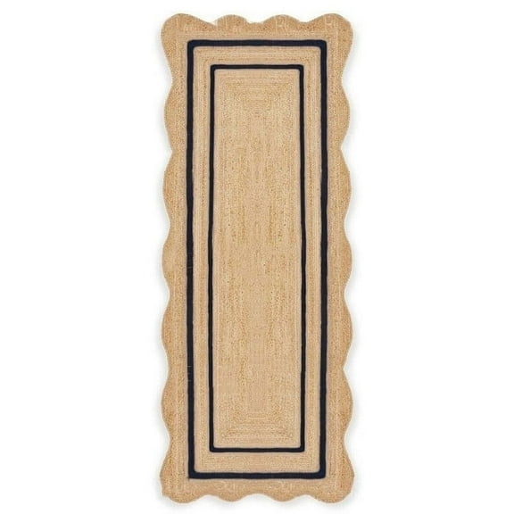 KLAVATE Natural Jute Wave Edge Hand Braided Scalloped Farmhouse Jute Runner Rug