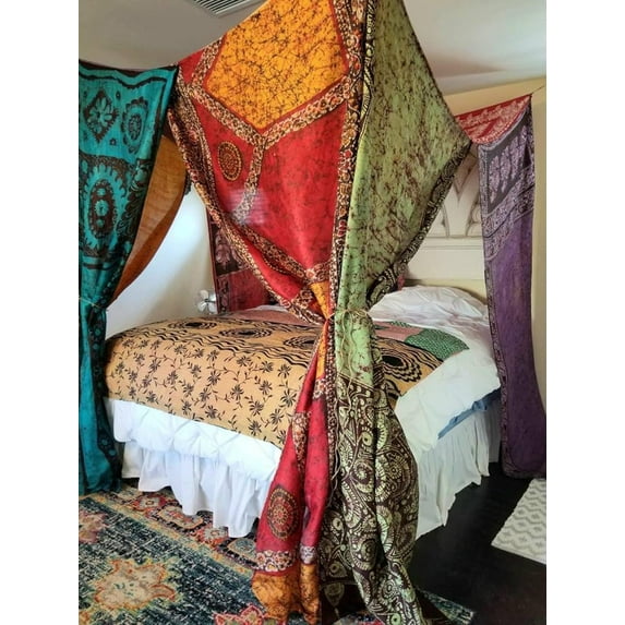 KLAVATE Silk Indian Saree Bed Canopy Ethnic Wedding Backdrop Full Queen King Size Bed Curtains