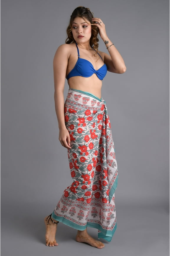 Women 100% Cotton Wrap Beach Hand Block Print Swimsuit Cover Up Long Sarong