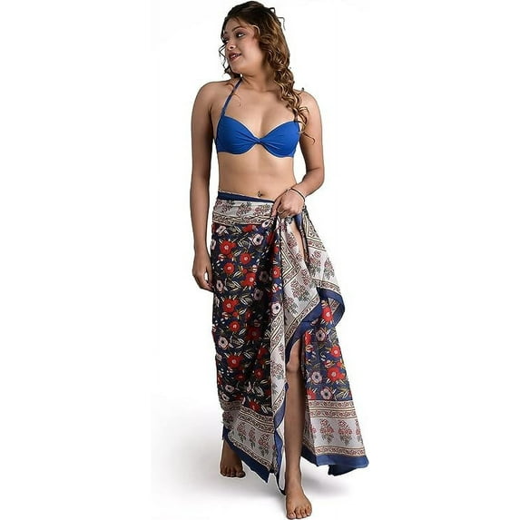 KLAVATE Women 100% Cotton Wrap Beach Pareo Swimsuit Cover Up Hand Block Print Long Sarong