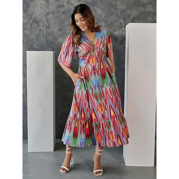 KLAVATE Women's Cotton V Neck Summer Dress Handblock Printed Midi Dress