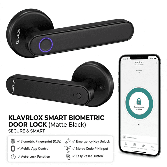 KLAVRLOX - Smart Door Lock with Fingerprint, Bluetooth App, Morse Code & Key, Matte Black