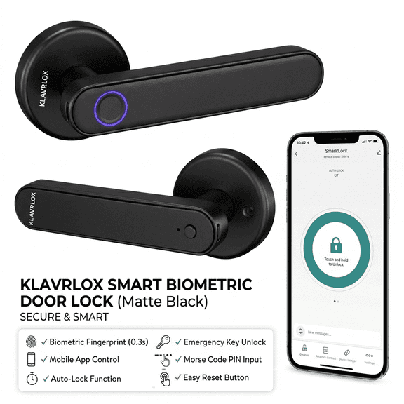 KLAVRLOX - Smart Door Lock with Fingerprint, Bluetooth App, Morse Code & Key, Matte Black