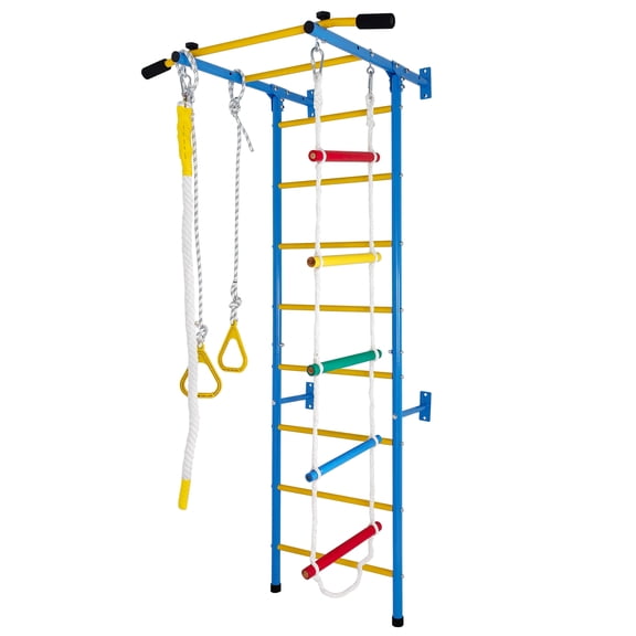 KLB Sport 5 in 1 Steel Jungle Gym for Toddlers, Climbing Playset with Wall Ladder, Pull-up Bar, Rope Ladder and Gymnastic Rings Indoor