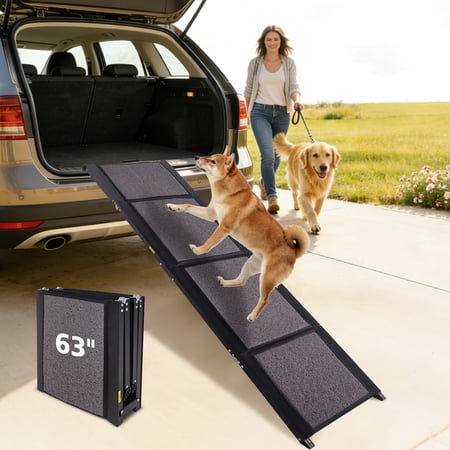 KLB Sport 63" Foldable Pet Ramp, Non-Slip Portable Dog Ramp for Cars, SUVs, Trucks & Stairs, Lightweight Aluminum Pet Ramp with Safe Grip Surface for Small to Large Dogs, Easy Storage