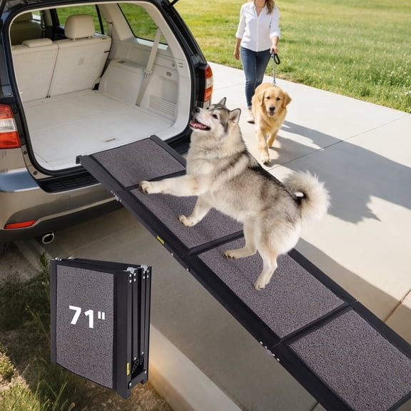 KLB Sport Dog Ramp For Car 71 Inches Extra Long & 19.7 Inches Wide Folding Pet Ramp For Large Dogs Anti-slip Carpet Suitable For SUVs And Trucks Outdoor Dog Ramp