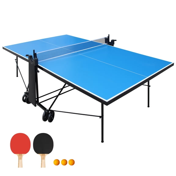 KLB Sport Outdoor/Indoor Foldable Table Tennis Table with Wheels, Weather-Resistant Mobile Ping Pong Table Set with Net, 2 Paddles & 3 Balls, Regulation Size Waterproof Ping Pong Table