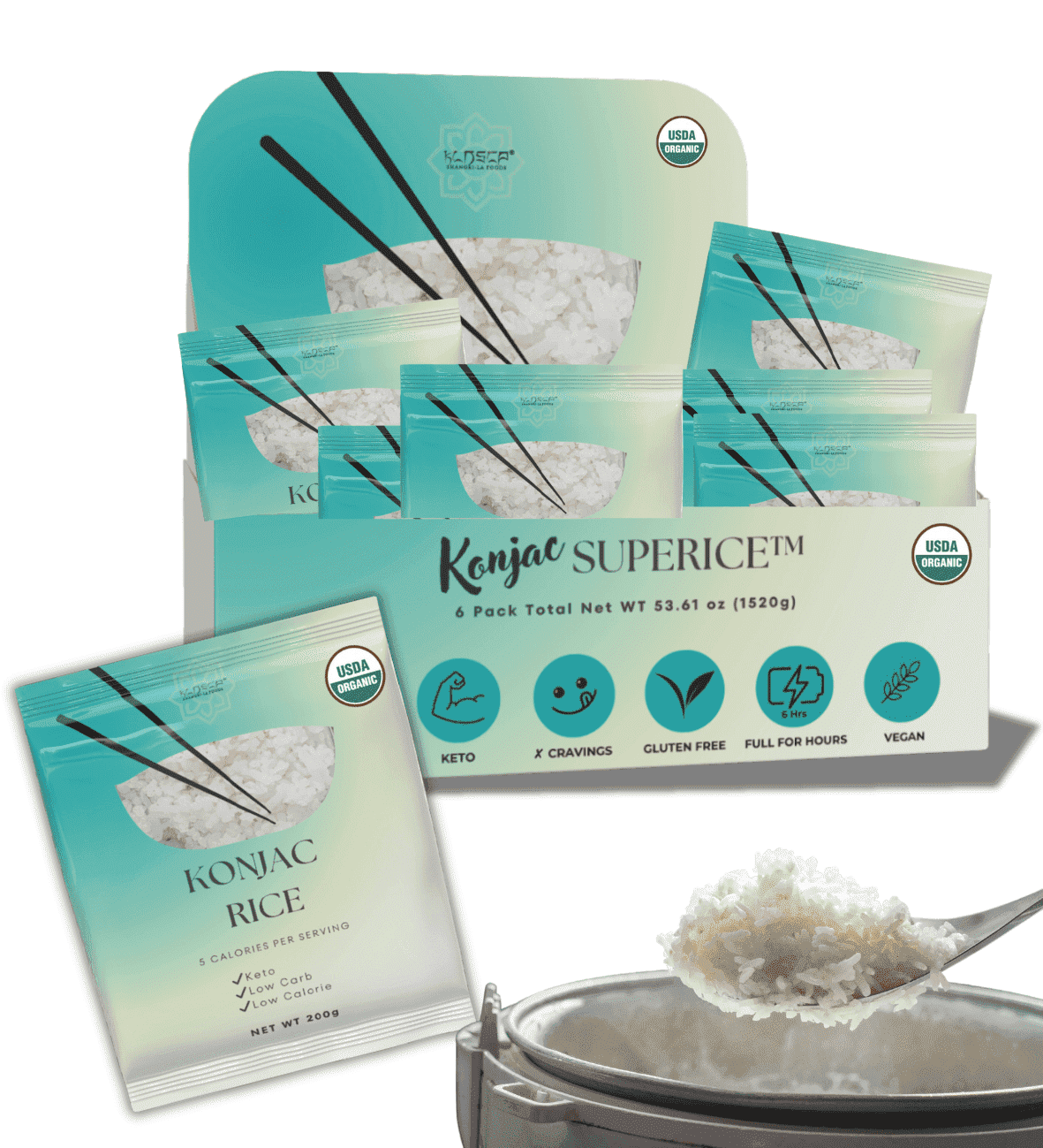 KLDSCP Organic Shirataki Konjac Kaizen Rice, Vegan, Gluten Free, Keto Friendly, 53.61 Oz (6 Packs)
