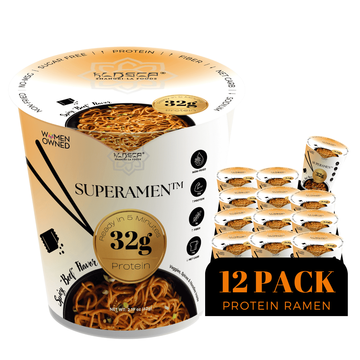 (12 pack)  Braised Beef Ramen Cup High Protein Noodles (2.5 oz), 32g of Animal-free, Bioavailable Protein