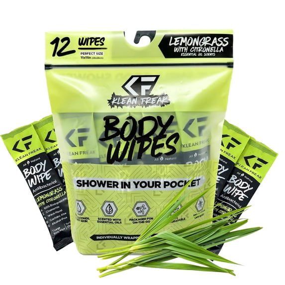Klean Freak Body Cleansing Wipes, Lemongrass Citronella, 12 Pack Individually Wrapped, Aloe & Witch Hazel, Alcohol-Free