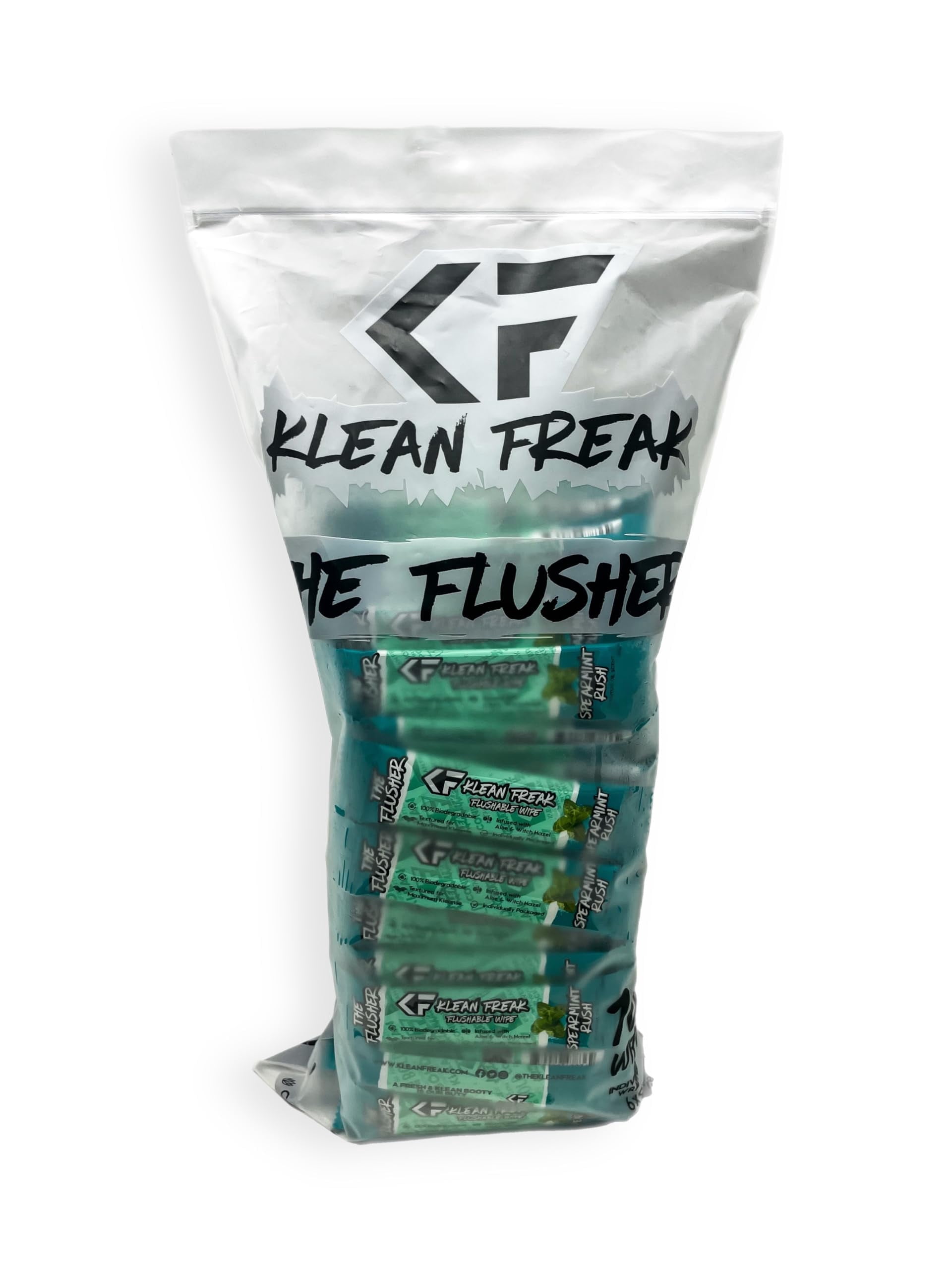 THE KLEAN FREAK FLUSHER - 100 Pack FLUSHABLE WIPES Flushable Wipes For Adults & Kids Unscented/Scented - 100% BIODEGRADABLE Individual Wrapped Travel WET Wipe for Toilet - Spearmint Rush