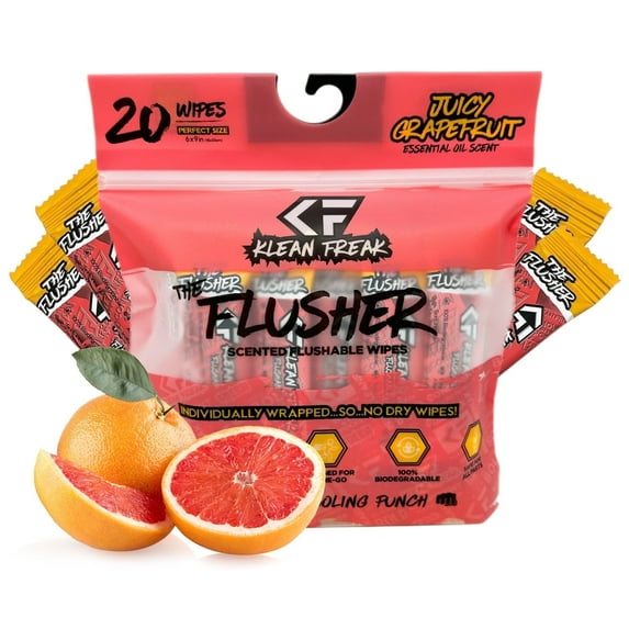 Klean Freak Flushable Wipes, Juicy Grapefruit, 20 Count, Individually Wrapped, Aloe & Witch Hazel, Alcohol-Free
