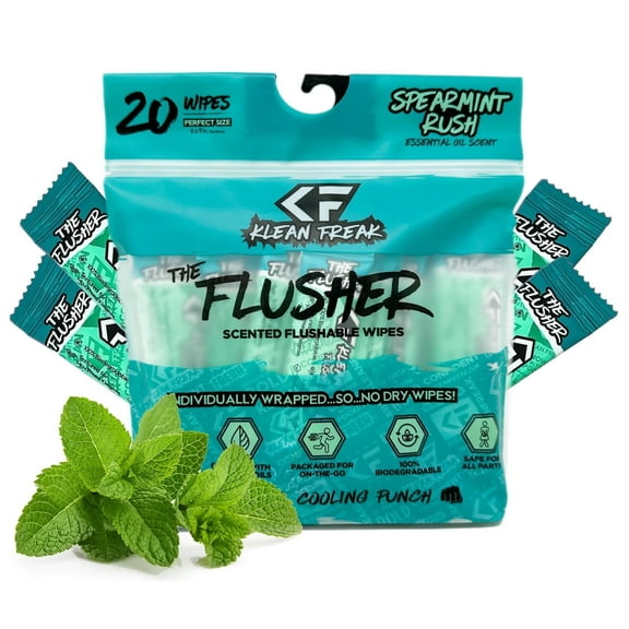 Klean Freak Flushable Wipes, Spearmint Rush, 20 Count, Individually Wrapped, Aloe & Witch Hazel, Alcohol-Free