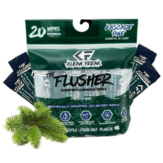 Klean Freak Flushable Wipes, Kascade Pine, 20 Count, Individually Wrapped, Aloe & Witch Hazel, Alcohol-Free