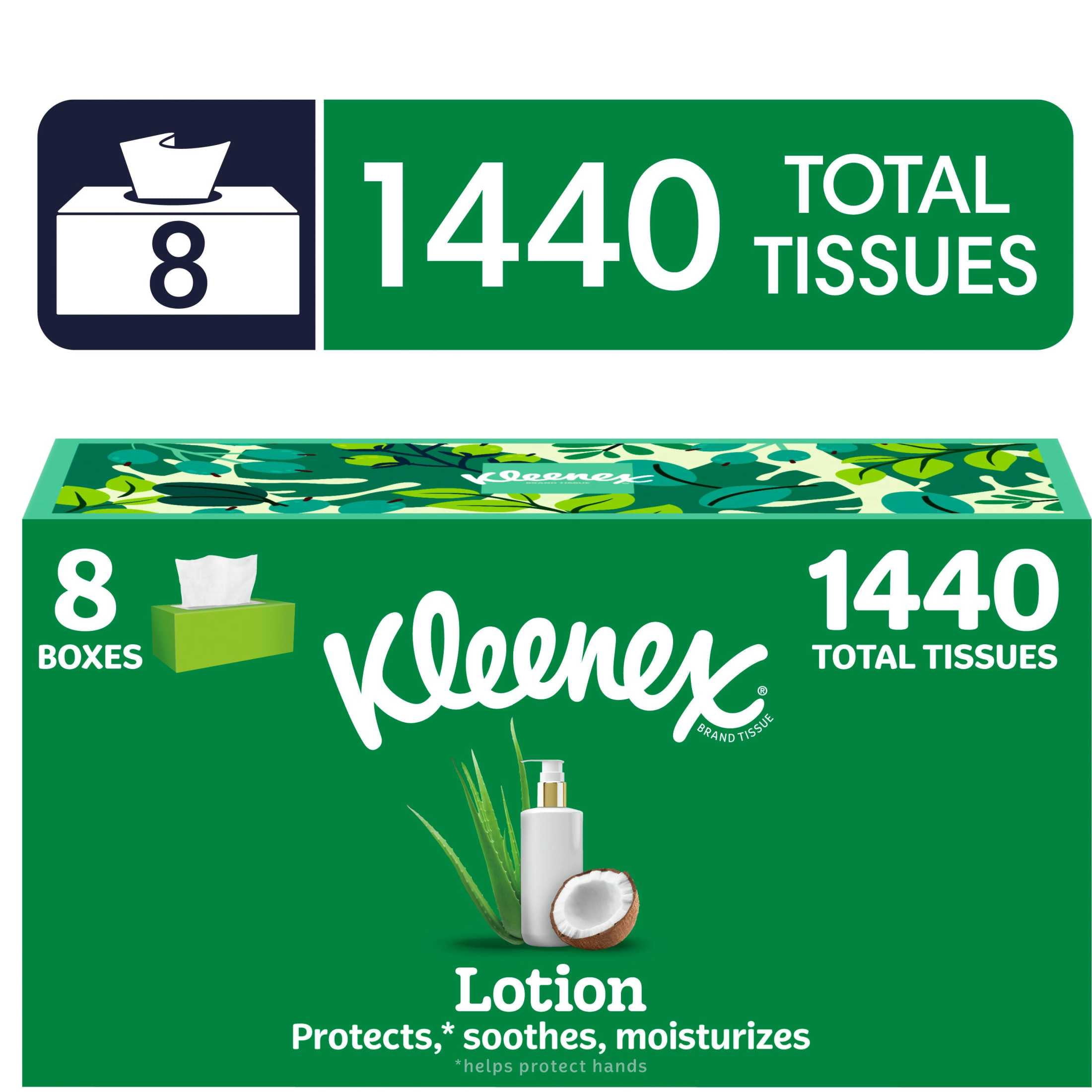 Kleenex Lotion Facial Tissues with Coconut Oil, 8 Flat Boxes, 180 Tissues per Box, 3-Ply
