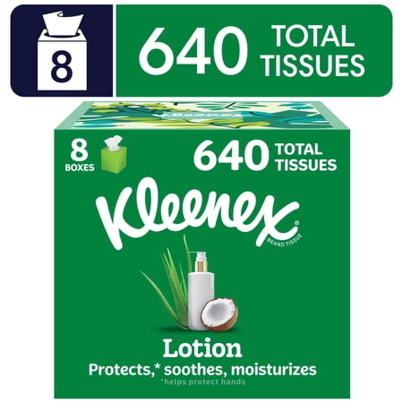Kleenex Lotion with Coconut Oil 3-Ply Cube Box Facial Tissues, 8 Pack (640 Total Tissues)