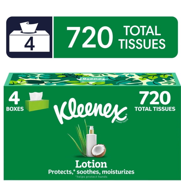 Kleenex Lotion with Coconut Oil 3-Ply Flat Box Facial Tissues, 4 Pack (720 Total Tissues)