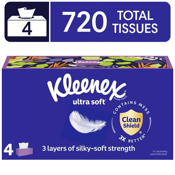 Kleenex Ultra Soft Facial Tissues, 4 Flat Boxes, 180 Tissues per Box, 3-Ply
