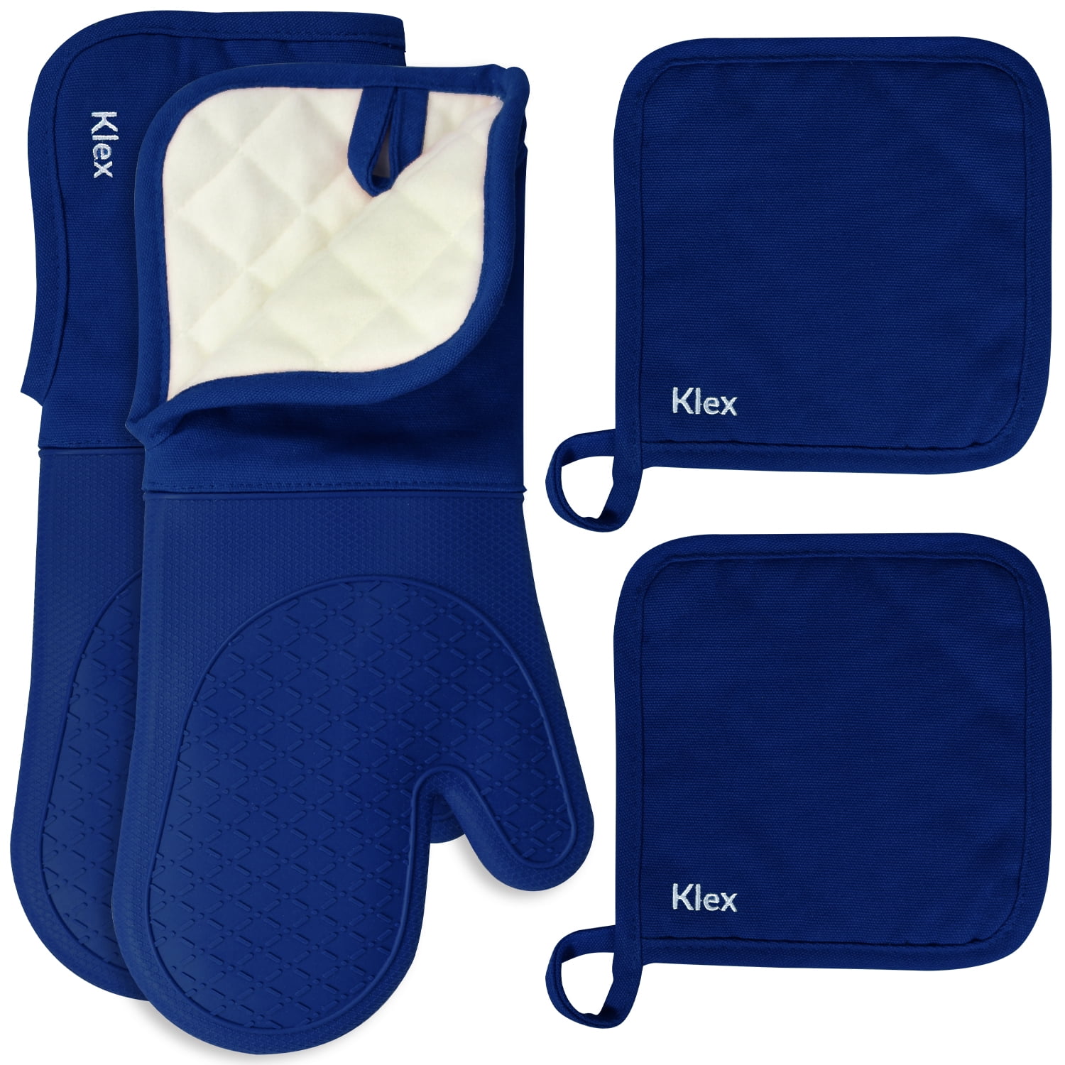 Blue Extra Long Silicone Oven Mitts and Pot Holders Set