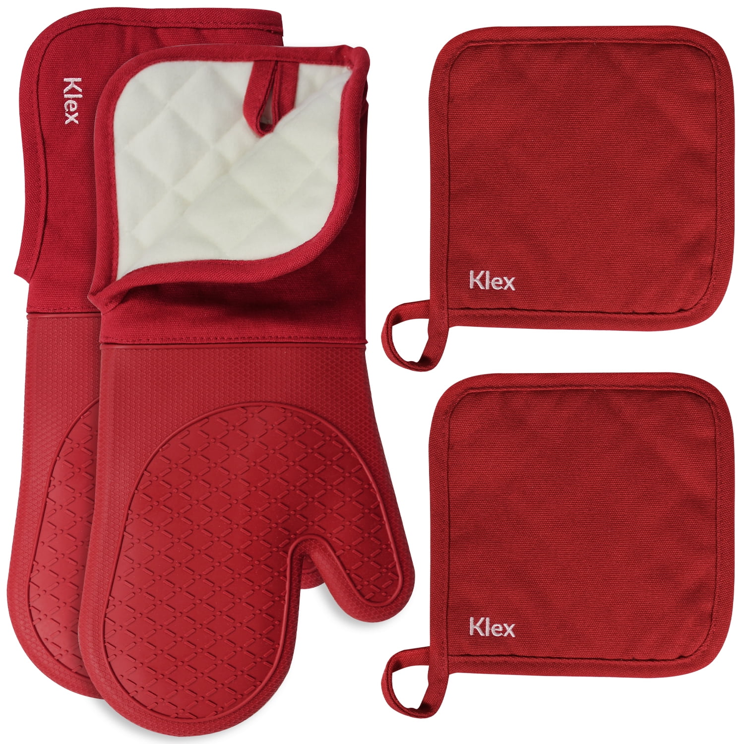 Extra Long Red Silicone Oven Mitts and Potholders Set