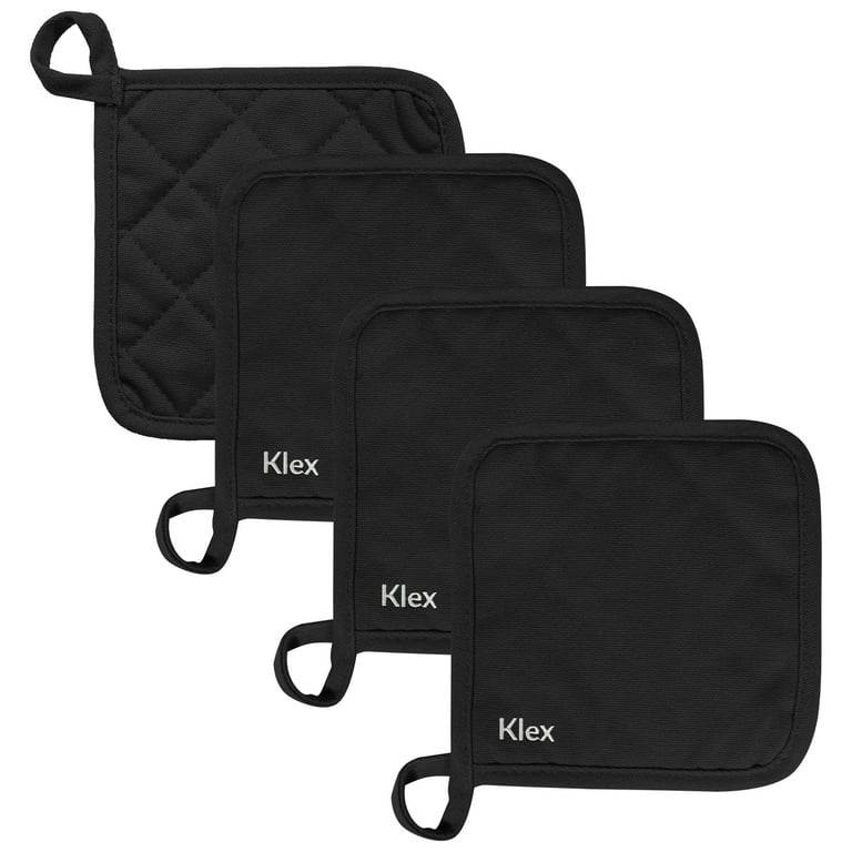 KLEX 4pcs Set, Heat Resistant Durable Cotton Potholders for Kitchen, Black,  6.7 inches