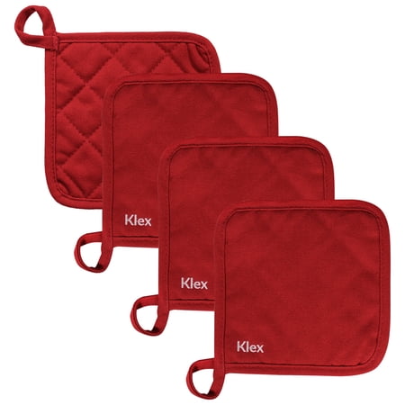 KLEX 4pcs Set, Heat Resistant Durable Cotton Potholders for Kitchen, Red, 6.7 inches