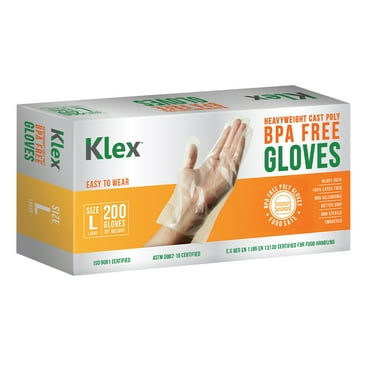 KLEX Heavyweight Cast Poly CPE Disposable Gloves Food Grade, BPA Free, 200 Count, Large