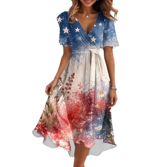 KLHDSF 250 Anniversary USA Merchandise Dresses For Women Short Sleeve V Neck Tie Waist Foral Elegant Summer Dress Red XXL