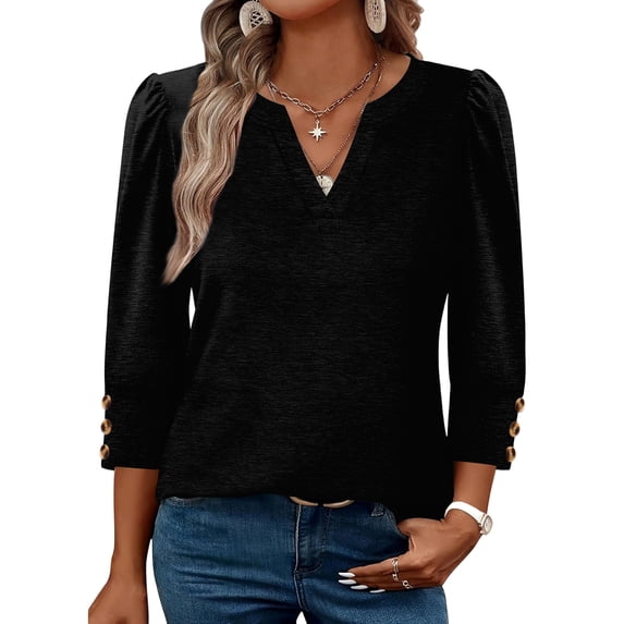 KLHDSF 3/4 Length Sleeve Women's Tops with Button Cuffs Dressy Casual V Neck Summer Outfits Early Fall Fashion Spring Clothes Black L