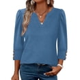 thumbnail image 1 of KLHDSF 3/4 Length Sleeve Women's Tops with Button Cuffs Dressy Casual V Neck Summer Outfits Early Fall Fashion Spring Clothes Navy L, 1 of 6