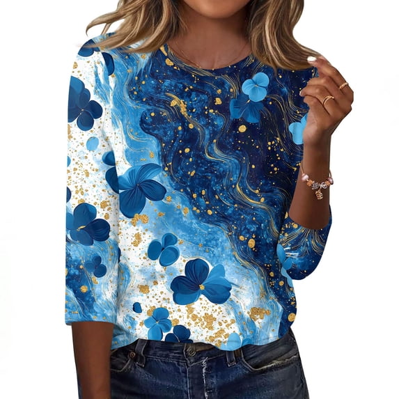 KLHDSF 3/4 Sleeve Tops for Women Basic Crew Neck Spring Blouses Casual Fit Fall T Shirts 2026 Blue XXXL