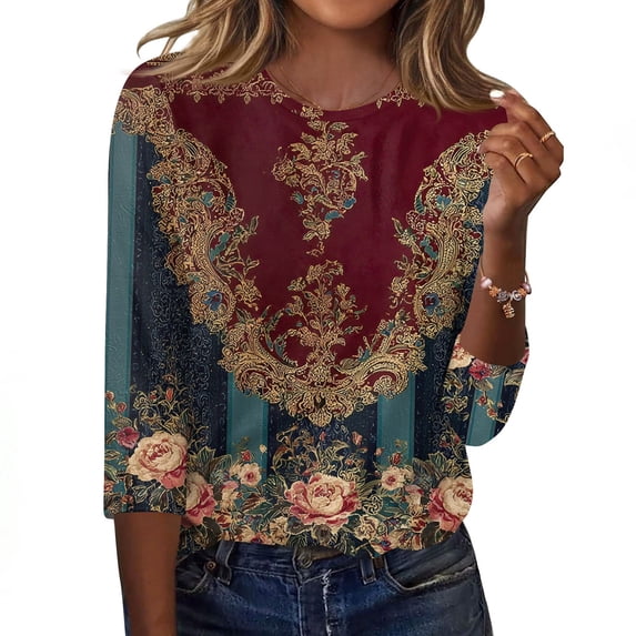 KLHDSF 3/4 Sleeve Tops for Women Basic Crew Neck Spring Blouses Casual Fit Fall T Shirts 2026 Wine XL