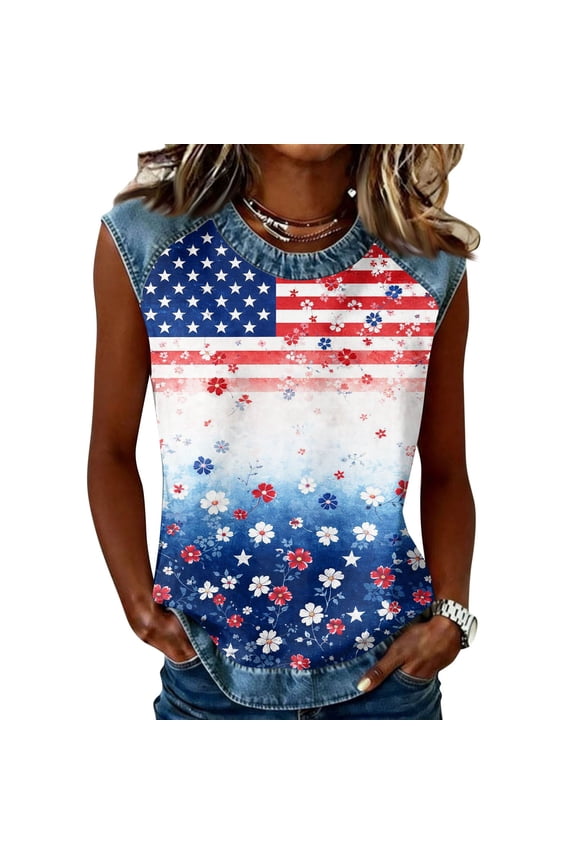 American 250th Anniversary Tops For Women Round Neck Cap Sleeve Printed T-Shirt Navy S