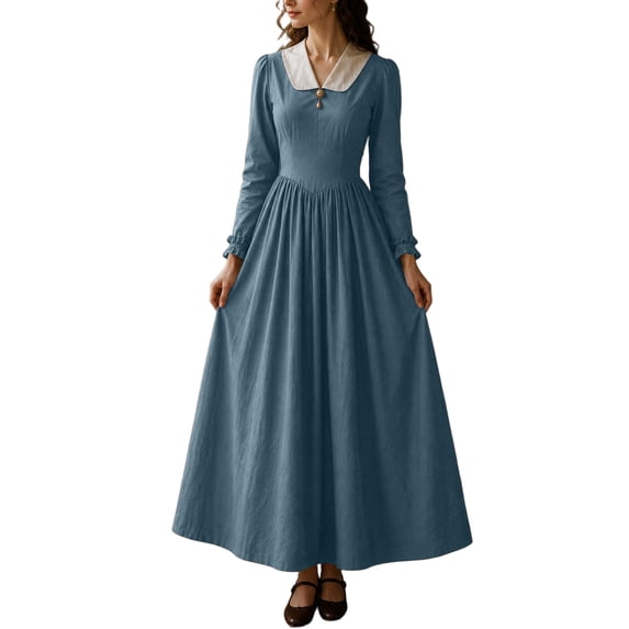 KLHDSF Colonial Dress for Women Modest Prairie Colonial Dress Civil War Dresses Pioneer Costume Dress Blue L