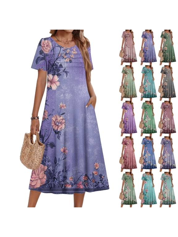 Dresses For Women Fashion Floral Round Neck Short Sleeve Dress Lightweight Polyester Daily Red L