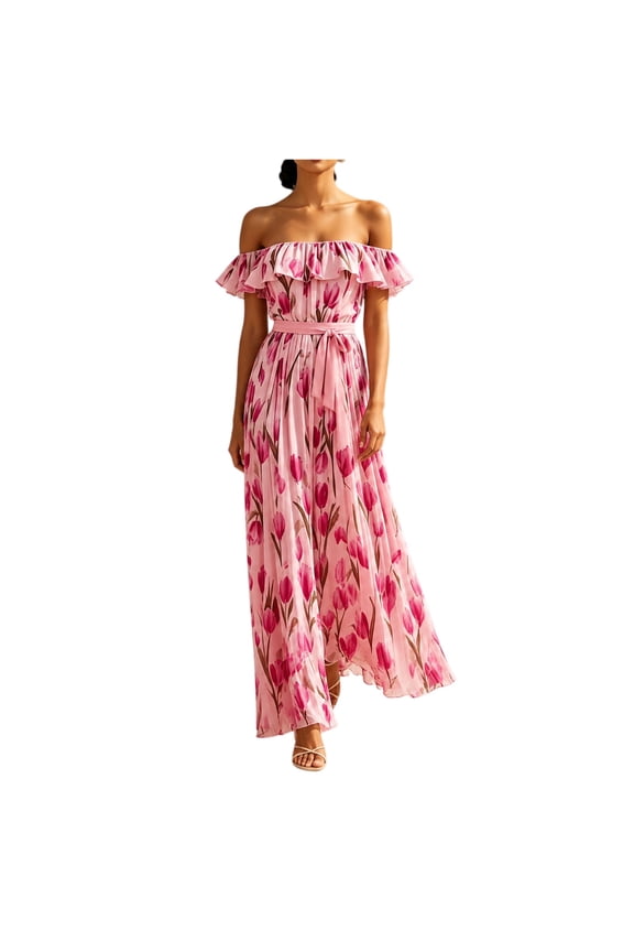 Elegant Dresses For Women Off The Shoulder Floral High Waist A Line Long Flowy Summer Dress Hot Pink L