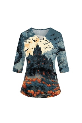 Fashion Halloween Witch Print Srub Top For Women V Neck Side Slit 3/4 Sleeve T-Shirt Soft Stretchy Casual Fall Daily Workwear With Pockets Gray L