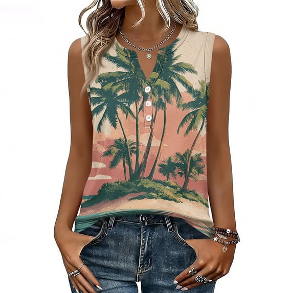 KLHDSF Fashionable Camisole Tops For Women Casual Hawaiian Print Sleeveless Button Vest Top Pink XL